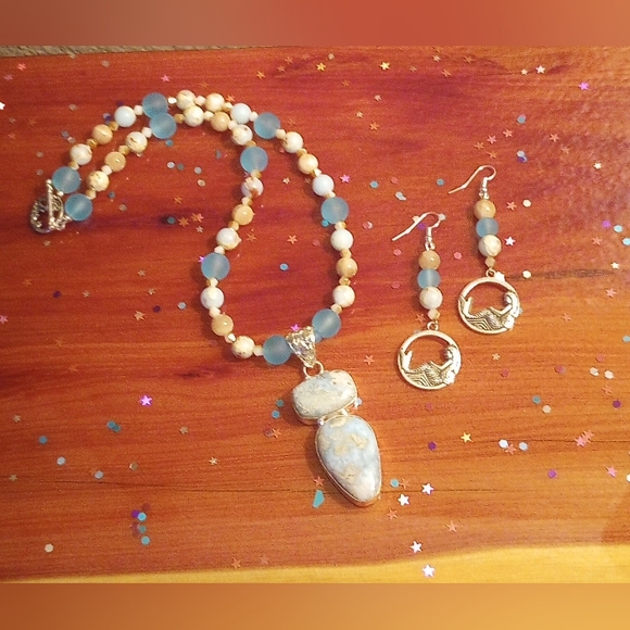 Aqua Terra Jasper Pendant Sunstone Frosted Sea Glass Beads Earrings Unique Set - Picture 2 of 8